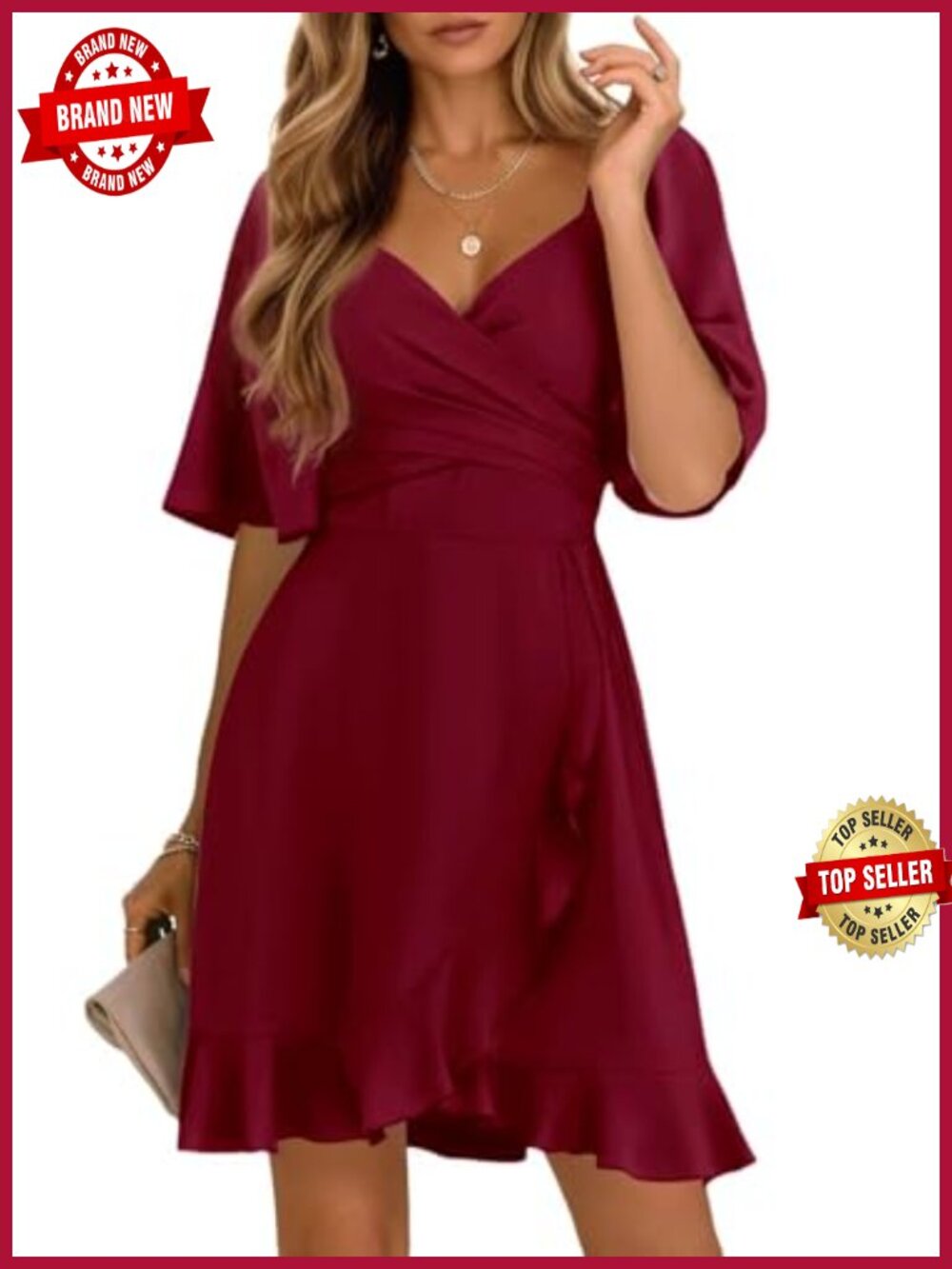 Wrap V Neck Mini Dress Smocked Waist Tiered Ruffle Hem Belted